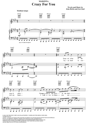 Buy Crazy For You Sheet Music By Madonna For Piano Vocal Chords