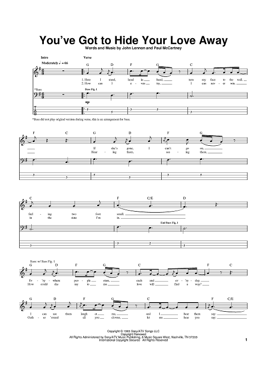Buy Youve Got To Hide Your Love Away Sheet Music By The Beatles Eddie Vedder For Bass Tab