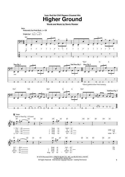 higher ground bass tab stevie wonder in e