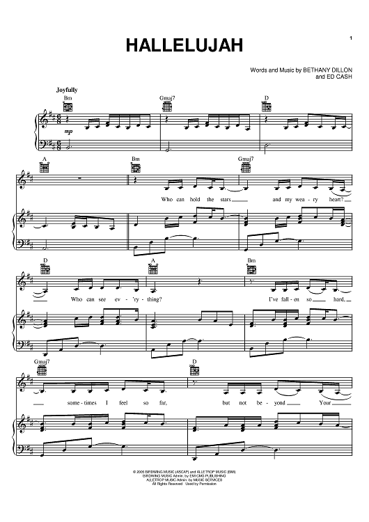 Hallelujah" Sheet Music by Bethany Dillon for Piano/Vocal/Chords