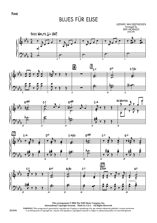 Buy Blues Fur Elise Piano Sheet Music For Jazz Ensemble