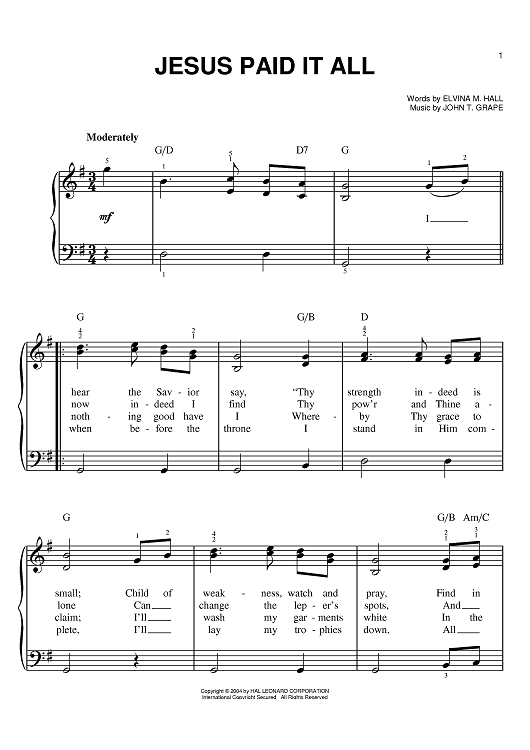 jesus paid it all chords piano