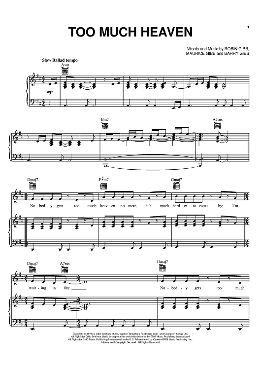 Too Much Heaven Sheet Music By Bee Gees For Piano Vocal Chords Sheet