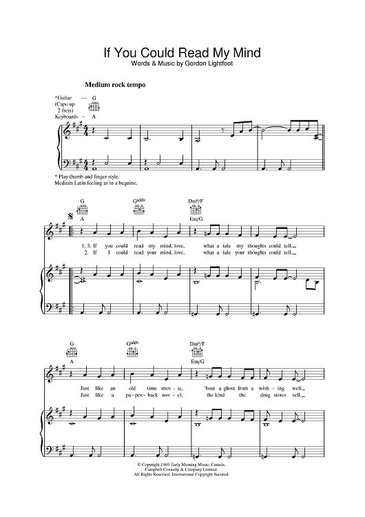 If You Could Read My Mind" Sheet Music by Gordon Lightfoot for Piano