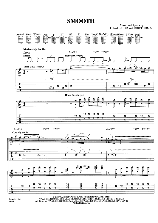 Smooth" Sheet Music by Santana for Guitar Tab/Vocal - Sheet Music Now