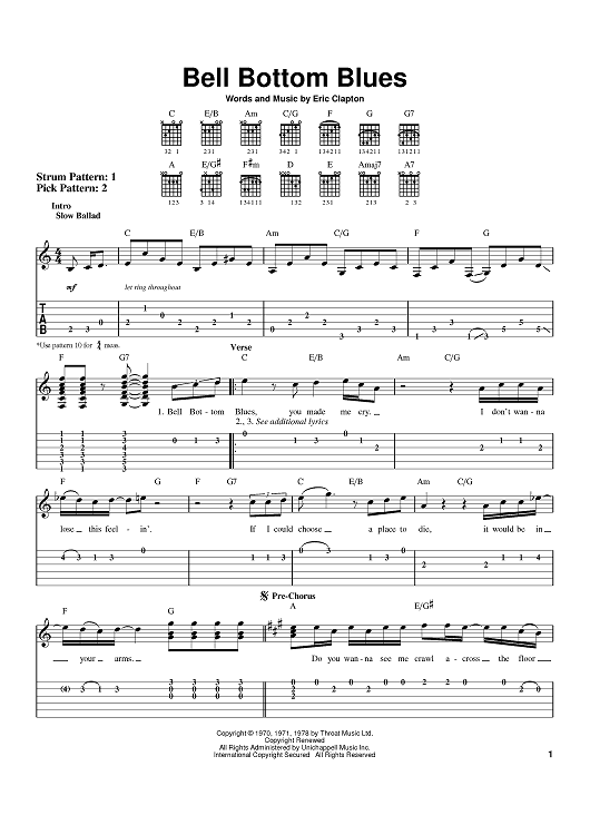 Buy Bell Bottom Blues Sheet Music By Eric Clapton Derek And The Dominos For Easy Guitar Tab