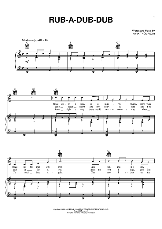 Rub A Dub Dub Sheet Music By Hank Thompson For Piano Vocal Chords