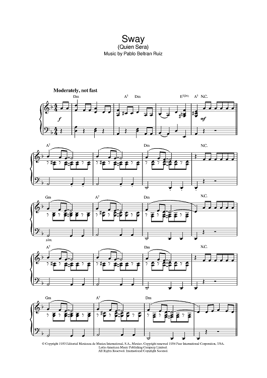 Sway" Sheet Music by Dean Martin for Piano - Sheet Music Now