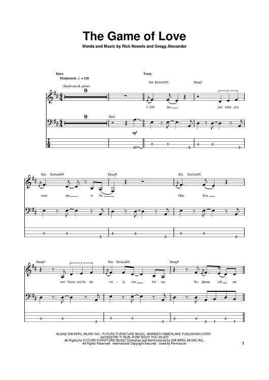 The Game Of Love Sheet Music By Michelle Branch Santana For Bass Tab Sheet Music Now