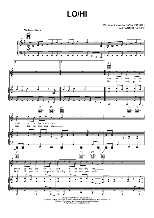 Lo Hi Quot Sheet Music By The Black Keys For Piano Vocal Chords Sheet Music Now