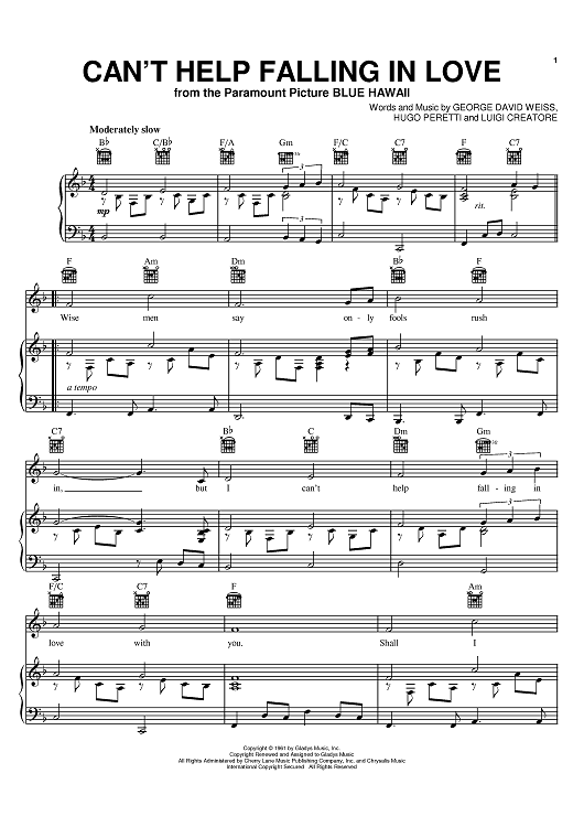 Cant Help Falling In Love Sheet Music By Elvis Presley Andrea Bocelli Ub40 Michael Buble