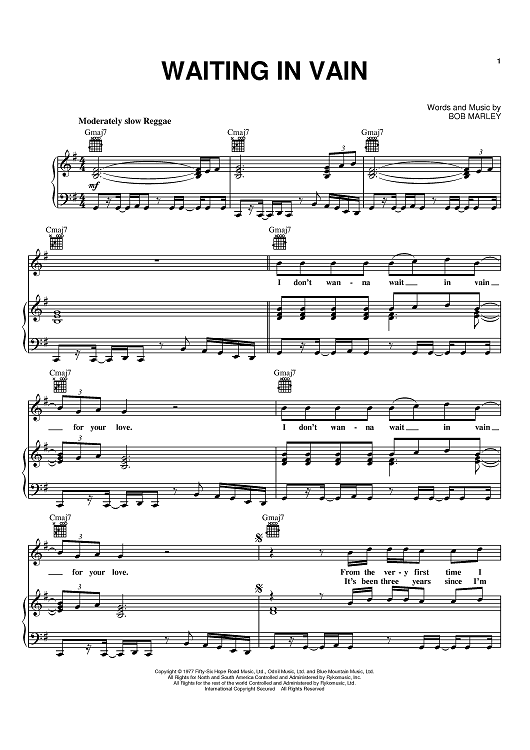 Waiting In Vain Sheet Music By Bob Marley For Pianovocalchords Sheet Music Now