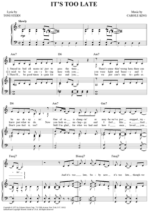 It 39 S Too Late Quot Sheet Music By Carole King For Piano Vocal Chords Sheet Music Now