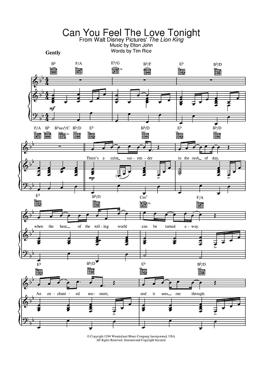 Can You Feel The Love Tonight Sheet Music By Elton John For Pianovocalchords Sheet Music Now
