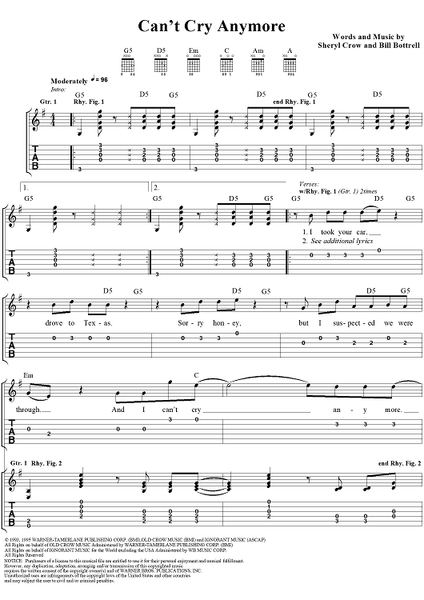 Can 39 T Cry Anymore Quot Sheet Music By Sheryl Crow For Easy Guitar Tab Vocal Sheet Music Now