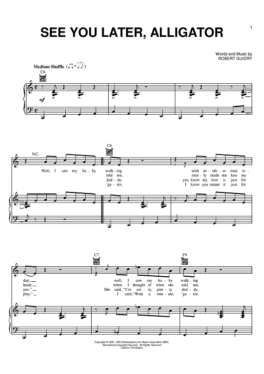 See You Later Alligator Quot Sheet Music By Bill Haley For Piano Vocal Chords Sheet Music Now