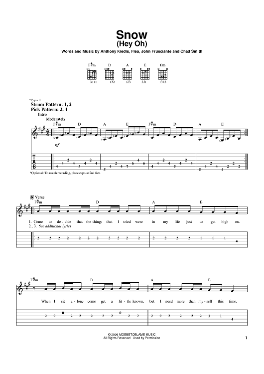 Snow (Hey Oh)&quot; Sheet Music Red Hot Chili Peppers for Easy Guitar Tab - Sheet Music Now