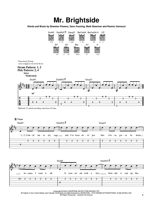 Buy "Mr. Brightside" Sheet Music by The Killers for Easy Guitar Tab