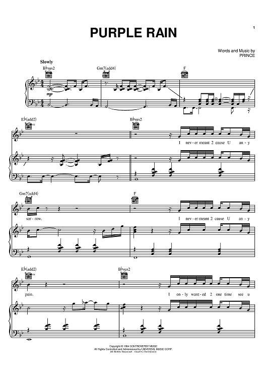 Purple Rain Sheet Music By Prince For Pianovocalchords Sheet Music Now