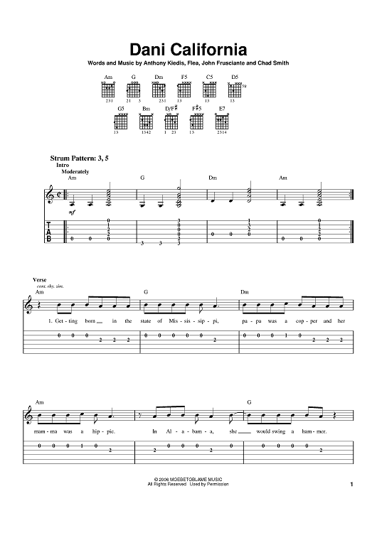 Buy Dani California Sheet Music By Red Hot Chili Peppers For Easy Guitar Tab
