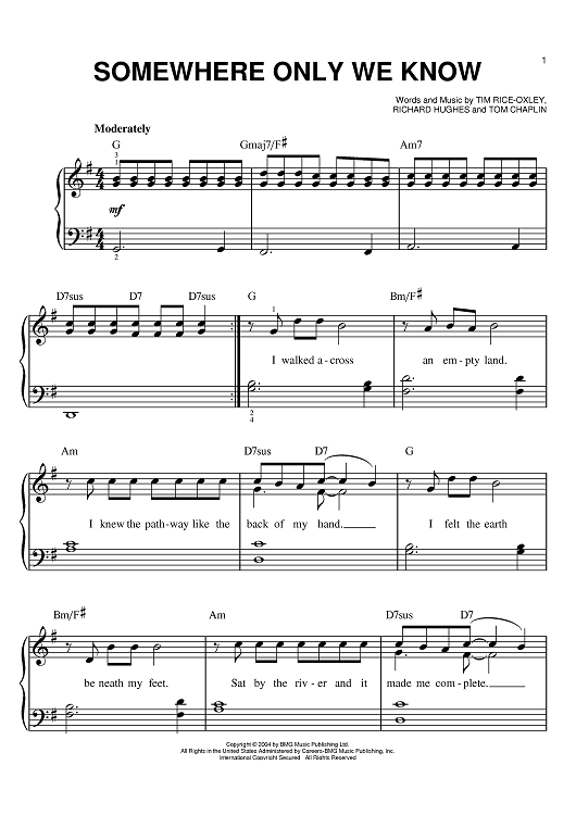 Somewhere Only We Know" Sheet Music by Keane for Easy Piano - Sheet
