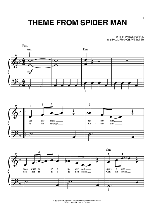 Theme From Spider-Man" Sheet Music for Big Note Piano - Sheet Music Now