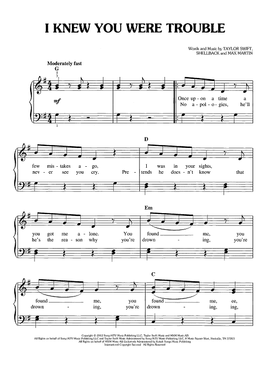 I Knew You Were Trouble Sheet Music By Taylor Swift For Easy Pianovocalchords Sheet Music Now 