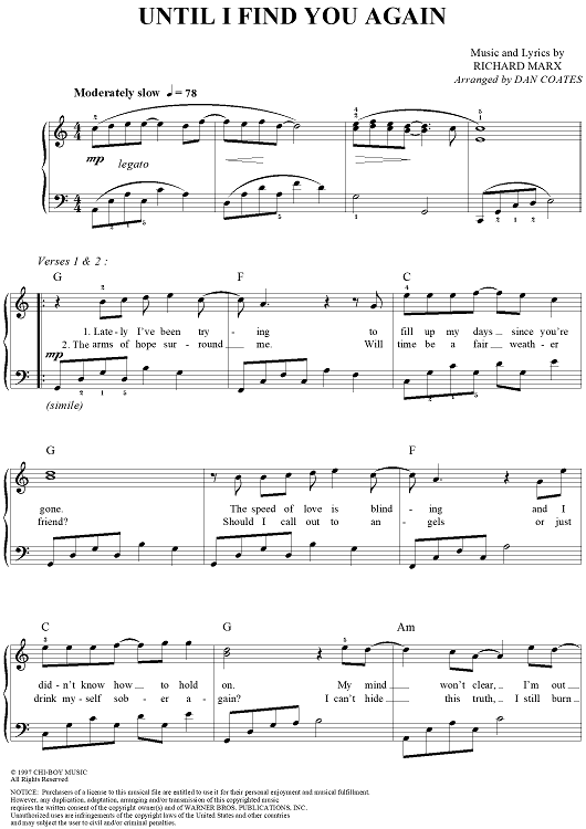 Until I Find You Again" Sheet Music by Richard Marx for Easy Piano