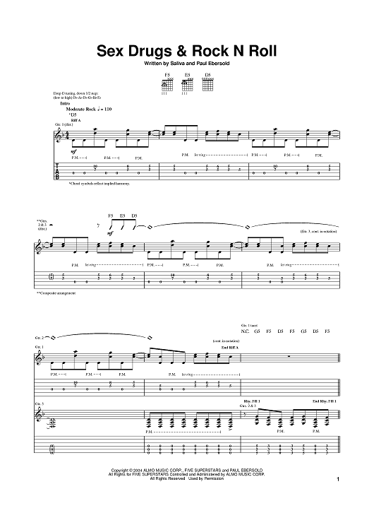 Sex Drugs And Rock N Roll Sheet Music By Saliva For Guitar Tab Sheet Music Now 