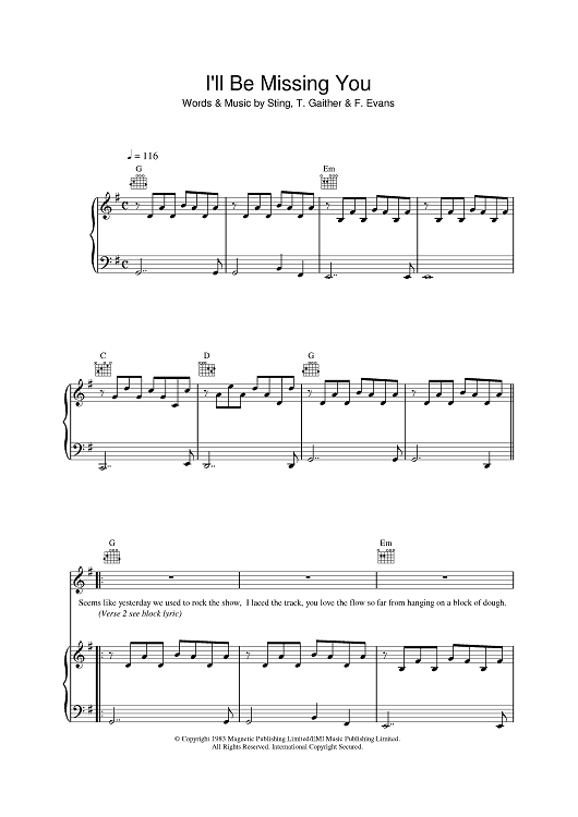 "I'll Be Missing You" Sheet Music by           Sting