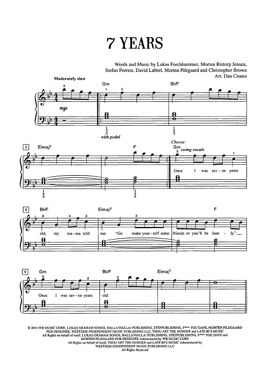 Buy "7 Years" Sheet Music by Lukas Graham for Easy Piano/Vocal/Chords