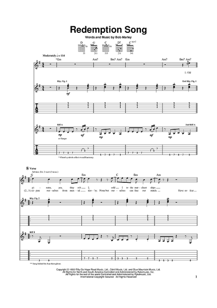 Redemption Song Quot Sheet Music By Johnny Cash Bob Marley For Guitar Tab Sheet Music Now