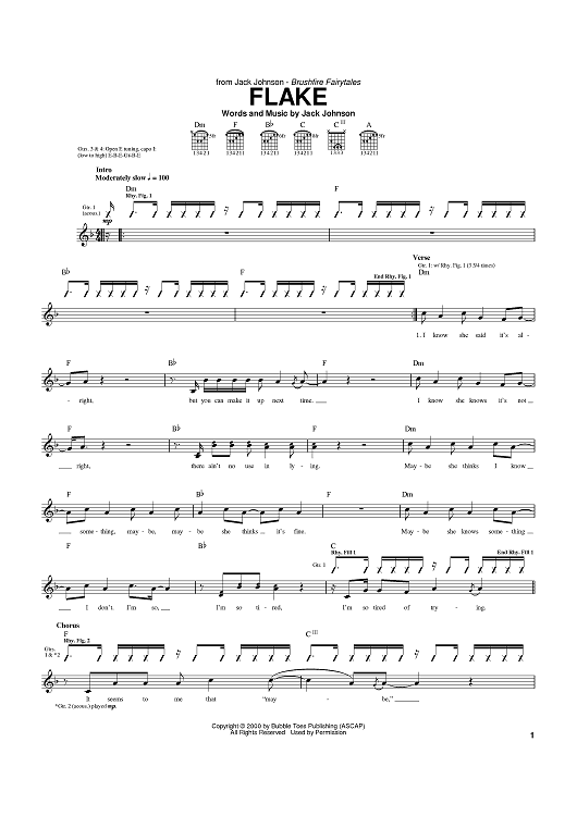 Flake Sheet Music By Jack Johnson For Guitar Tab Sheet Music Now