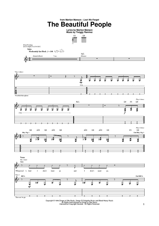 Buy The Beautiful People Sheet Music By Marilyn Manson For Guitar Tab