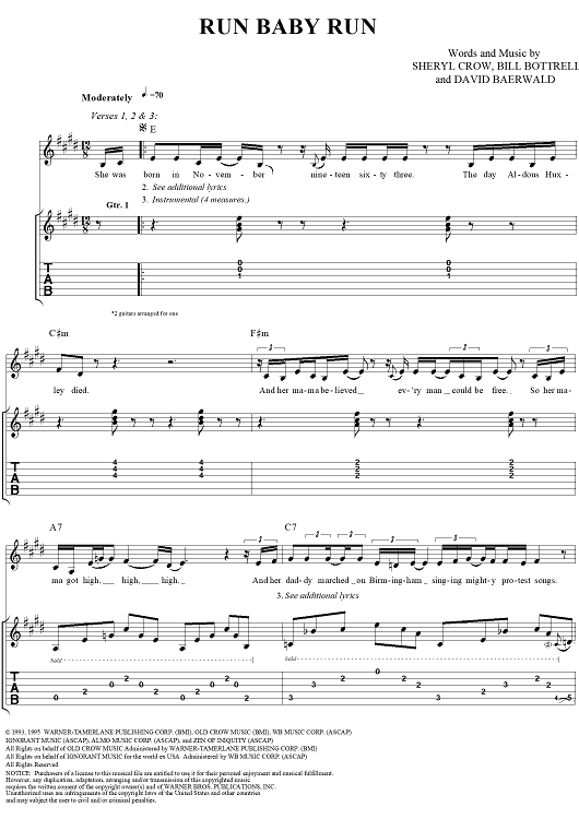 Run Baby Run Quot Sheet Music By Sheryl Crow For Guitar Tab Vocal Sheet Music Now