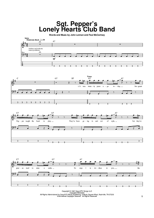 Sgt. Pepper's Lonely Hearts Club Band" Sheet Music by The Beatles  for Bass Tab - Sheet Music Now