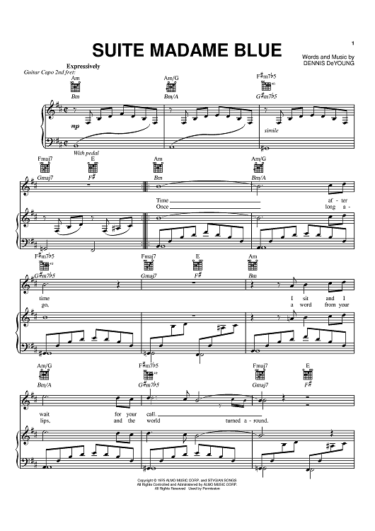 Suite Madame Blue" Sheet Music by Styx for Piano/Vocal/Chords Sheet
