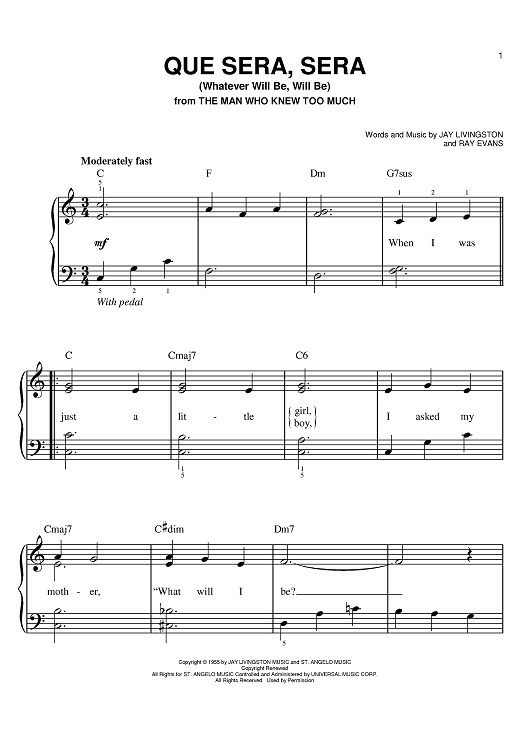 que sera sera sheet music piano