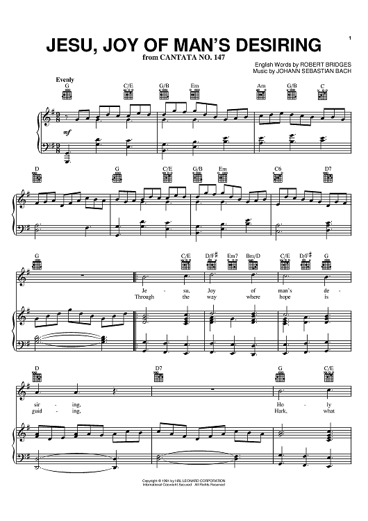Buy Jesu Joy Of Man 39 S Desiring From Cantata No 147 Bwv147 Sheet Music For Piano Vocal