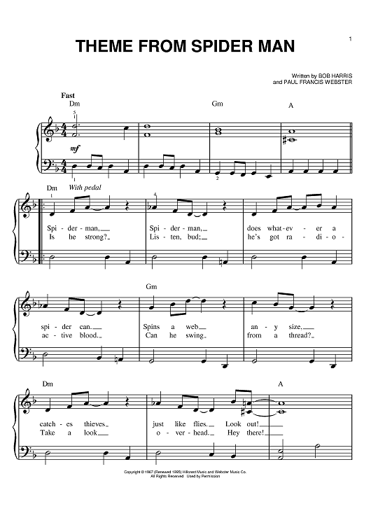 Theme From Spider-Man" Sheet Music for Easy Piano - Sheet Music Now