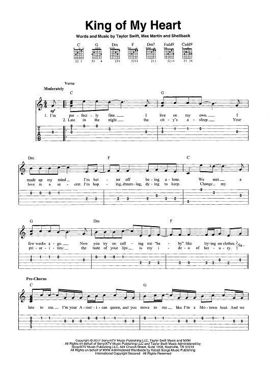 Buy King Of My Heart Sheet Music By Taylor Swift For Easy Guitar