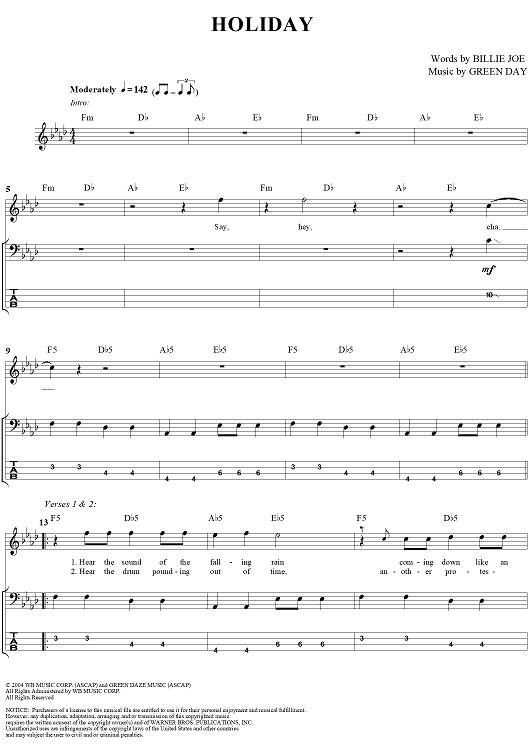 Holiday" Sheet Music by Green Day for Bass Tab/Vocal Sheet Music Now