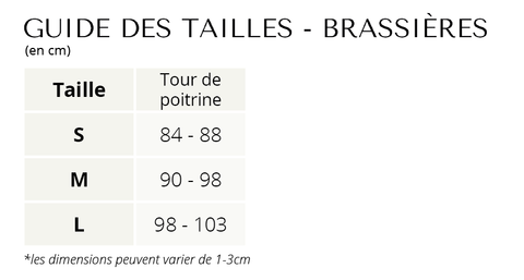 Guide Zenmara des Tailles pour Brassieres (en cm). Table contenant: Taille et Tour de Poitrine: S - 84-88 m - 90-98 L - 98-103 AVEC NOTION