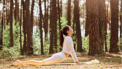 Une femme qui fait du yoga dans la forêt 