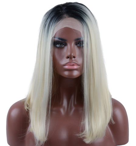Strongbeauty Short Straight Lace Front Wig Ombre Blonde Black Roots 2