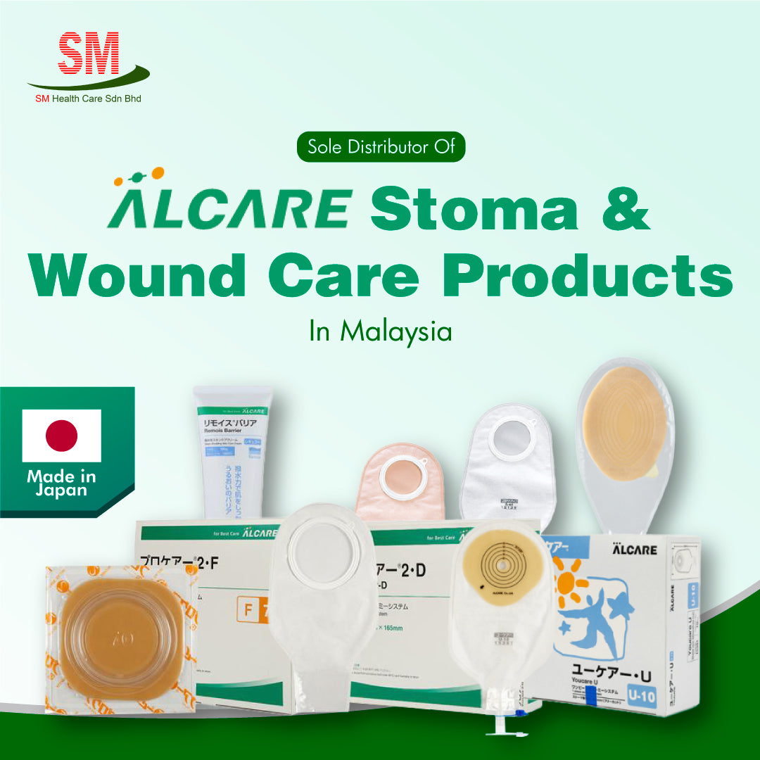 ALCARE Stoma & Wound Care products, available at SM Health Care Sdn Bhd - the sole distributor in Malaysia. Range of ostomy and stoma care products displayed against green background.