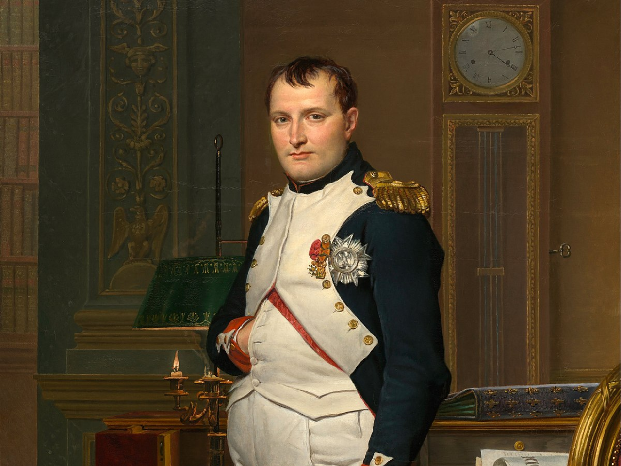 A painting portrait of Napoleon, in his signature pose - one hand in pocket.