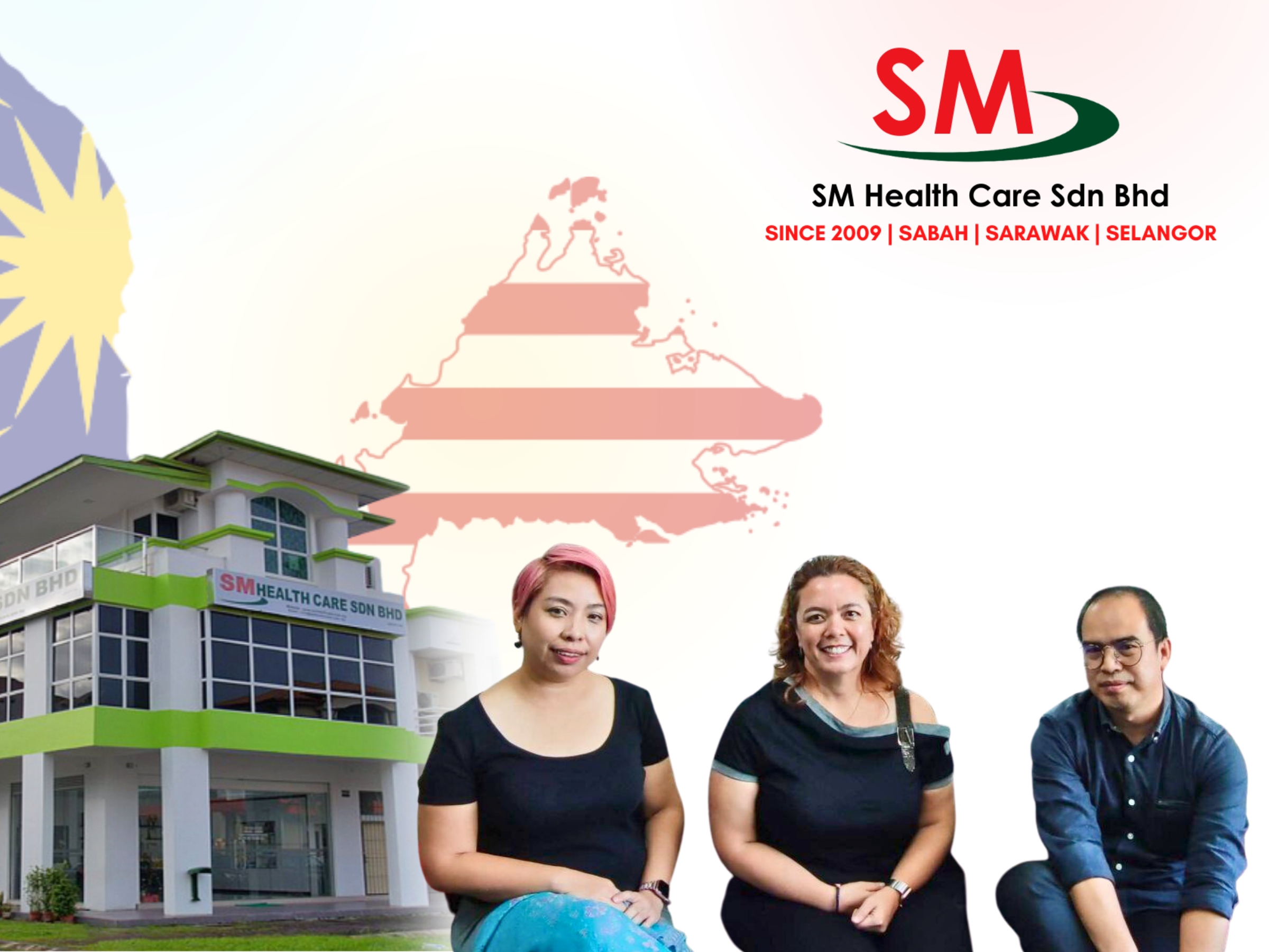 Founders of SM Health Care Sdn Bhd, with SM Health Care Sdn Bhd HQ office in the background