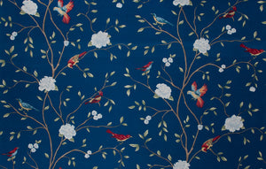 Floral Bird Print Drapery Fabric / Sapphire