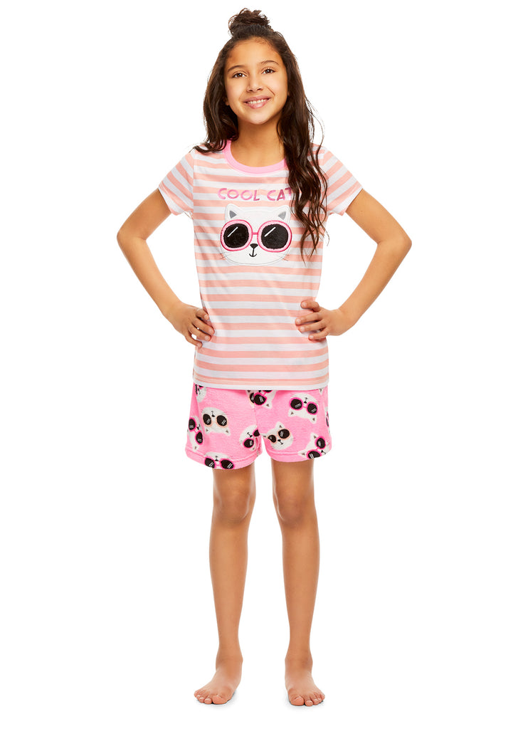 Girls 2-Piece Knit Pajamas Short Set | Flannel Fleece Applique with ...